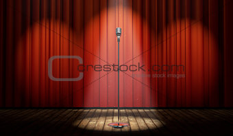 3d stage with red curtain and vintage microphone in spot light 