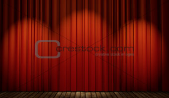 3d stage with red curtain and wooden floor  