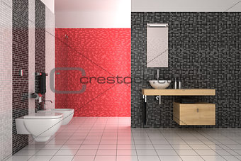 modern bathroom with black, red and white tiles
