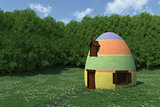 fantasy egg house on blooming meadow