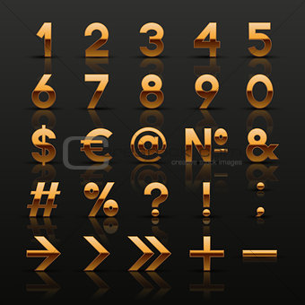 Set of decorative golden numbers and symbols