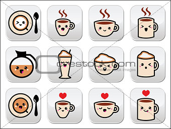 Cute coffee, cappuccino and espresso kawaii buttons set - vector