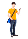 young student watching a smart phone with white background