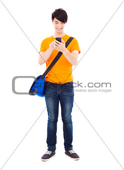 young student touching a smart phone with white background