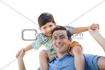 Father and Son Playing Piggyback on White