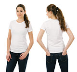 Young smiling woman wearing blank white shirt