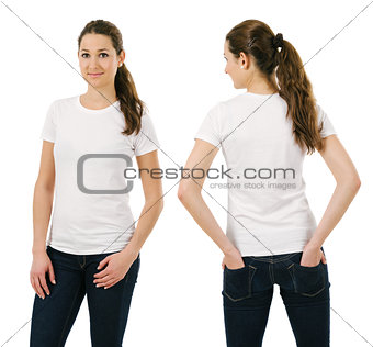 Young smiling woman wearing blank white shirt