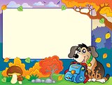 Autumn frame with dog and schoolbag