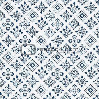 Indigo blue hand drawn seamless pattern, vector