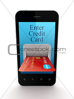 Colorful credit card connected to mobile phone.