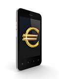 Mobile phone with golden euro sign on a screen.