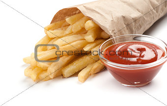 French fries with ketchup on white