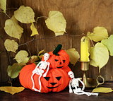 Halloween still life - pumpkin with  yellow leaves on the wooden background
