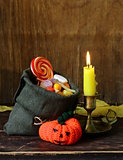 bag with sweets and candy traditional treat on Halloween