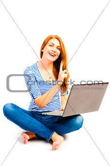 beautiful smiling woman sitting with a laptop