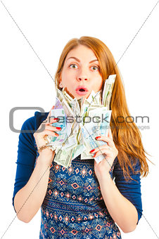 emotional girl with a bunch of money in the studio