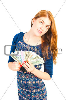 beautiful smiling woman holding a fan of money