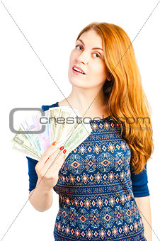 girl with a fan made ââof money isolated on white background