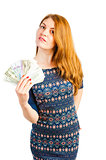 woman isolated on white background with money