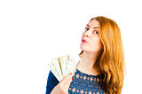 portrait of a girl with beautiful eyes with money