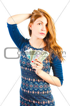 young businesswoman with money on white background
