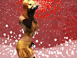 Girl in golden mask blowing snow