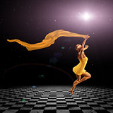 Girl jumping on checkered floor