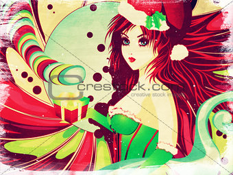 Grunge candy background with Santa girl
