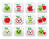 Cute red apple and green apple kawaii buttons set
