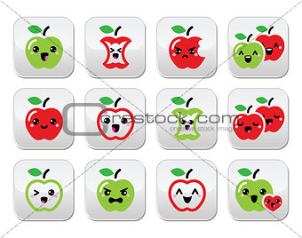 Cute red apple and green apple kawaii buttons set