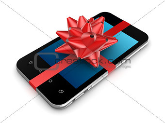 Modern mobile phone decorated with a red ribbon.