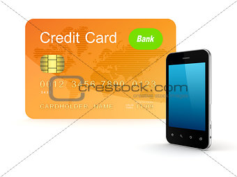 Credit card and modern mobile phone.