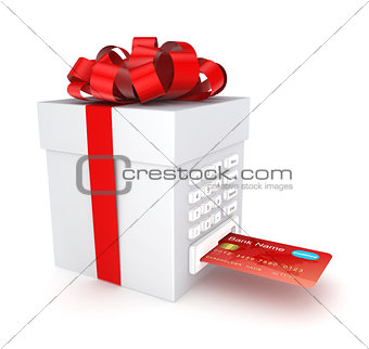 Credit card inserted in a gift box.