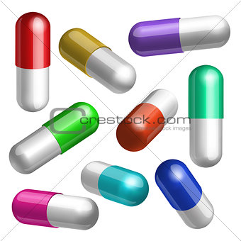 Set of colorful medical capsules