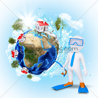 3d diver near the Earth with houses and trees