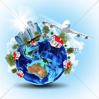 Earth with buildings and airplane