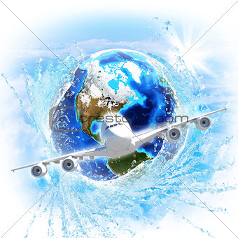 Earth with water and airplane
