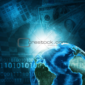 Earth and calculator on money background
