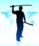 Karate Sensei with Sword on World Map Background