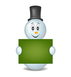Smiling snowman wearing hat and holding signboard