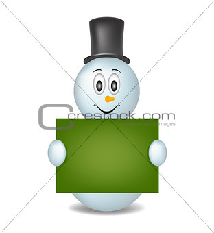 Smiling snowman wearing hat and holding signboard