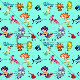 Funny sea animals with mermaids and background. 