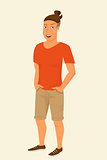 Hipster guy wearing beige shorts and orange t-shirt isolated.