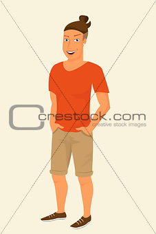 Hipster guy wearing beige shorts and orange t-shirt isolated.