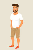 Hipster guy wearing beige shorts and white t-shirt.
