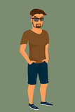 Hipster guy wearing blue shorts, brown t-shirt and sunglasses.