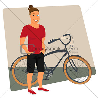 Hipster guy wearing dark shorts and red t-shirt with bicycle