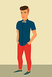 Hipster guy wearing red jeans and bow-tie.