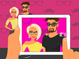 Photographing of happy couple on fuchsia background using white tablet pc