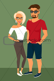 Hipster guy and his blond pretty girlfriend wearing glasses.